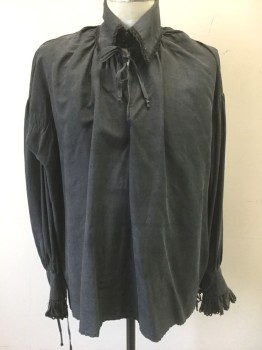 Mens, Historical Fiction Shirt, N/L, Black, Rayon, Solid, L, Long Puffy Sleeves, Collar Attached, Pullover, Black Crochet Lace Trim at Collar and Cuffs, Self Ruffle at Cuffs, Self Ties and 2 Button Closures at Neck, Pirate Shirt