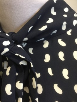 PREMISE, Navy Blue, White, Polyester, Novelty Pattern, Navy with White Novelty Commas/Apostrophes Pattern Chiffon, Long Sleeve Button Front, Band Collar with Attached "Pussy Bow" Ties