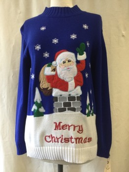 Womens, Pullover, SKEDOUCHE, Royal Blue, White, Cotton, Acrylic, Holiday, Color Blocking, M, Snow Man Appliqué, Mock Neck