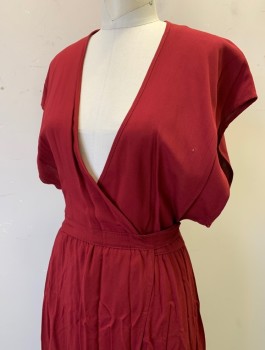 Womens, Dress, Short Sleeve, TYSA, Cranberry Red, Rayon, Solid, S, Maxi Length Wrap Dress, Cap Sleeves with Low Drapey Armholes, Wrapped V-neck, 1" Wide Self Waistband, Self Ties