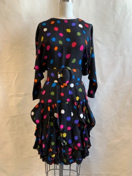 GILLIAN PETITES, Black, Multi-color, Silk, Dots, Dolman Long Sleeves, Vertical Ruffle Panels Half-way Down Skirt, Zip Back, Self Wide Belt