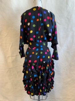 GILLIAN PETITES, Black, Multi-color, Silk, Dots, Dolman Long Sleeves, Vertical Ruffle Panels Half-way Down Skirt, Zip Back, Self Wide Belt