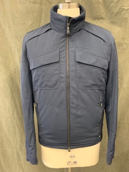 Mens, Casual Jacket, HUGO BOSS, Navy Blue, Polyester, Solid, L, Zip Front, Stand Collar, 4 Pockets, Long Sleeves, Light Fill, Zip Lower Sleeve, Double