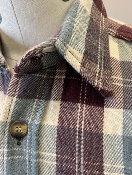 SANDY RIVER, Ecru, Sienna Brown, Gray, Cotton, Plaid, Thick Flannel, Long Sleeve Button Front, Collar Attached, 2 Pockets with Button Flap Closures