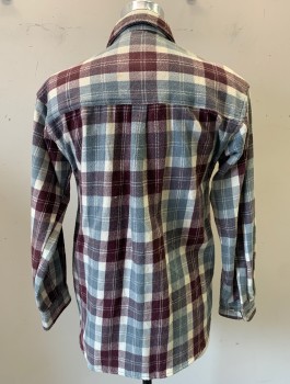 Mens, Casual Shirt, SANDY RIVER, Ecru, Sienna Brown, Gray, Cotton, Plaid, M, Thick Flannel, Long Sleeve Button Front, Collar Attached, 2 Pockets with Button Flap Closures