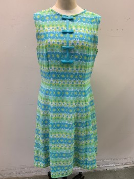 EVE CARVER, Lt Blue, Lime Green, White, Cotton, Polyester, Floral, Sleeveless, 4 Bows Center Front, Princess Seams, Center Back Zipper,