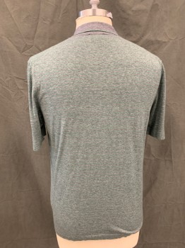 SAKS FIFTH AVENUE, Green, Heather Gray, Cotton, Heathered, Stripes, Heather Gray Collar and 3 Button Placket, Short Sleeves