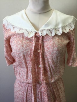 PATTY O'NEIL, Lt Pink, White, Rayon, Novelty Pattern, Bows and Flowers Pattern, Solid White Oversized Round Collar, Short Sleeves, Padded Shoulders, Shirtwaist with 4 Buttons, Self Ties at Neck, Elastic Waist, Mid Calf Length,