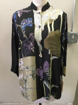 CITRON, Black, Cream, Olive Green, Purple, Blue, Silk, Rayon, Floral, 3/4 Sleeve, Button Front, Collar Band
