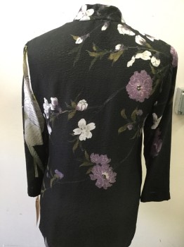 CITRON, Black, Cream, Olive Green, Purple, Blue, Silk, Rayon, Floral, 3/4 Sleeve, Button Front, Collar Band