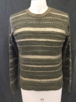 Mens, Pullover Sweater, BANANA REPUBLIC, Green, Lt Green, Wool, Heathered, Stripes - Horizontal , C: 40, S, Open Weave Stripes, L/S, Crew Neck, Ribbed Knit Neck/Waistband/Cuff