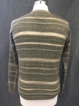 Mens, Pullover Sweater, BANANA REPUBLIC, Green, Lt Green, Wool, Heathered, Stripes - Horizontal , C: 40, S, Open Weave Stripes, L/S, Crew Neck, Ribbed Knit Neck/Waistband/Cuff