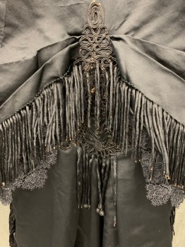 Womens, Cape 1890s-1910s, N/L, Black, Silk, Solid, N/S, Capelet Over Long Attached Vest, Lace and Fringe Trim, 3 Hook & Eye Front, Layered Lace Ruffle Collar, Pointed Hem Front, Pleated Horizontally Across Capelet Back, Pleated Vertically at Vest Back,