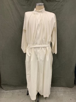 Unisex, Alb, BEAU VESTE, Off White, Cotton, Solid, M, Zip Front, Band Collar with Velcro Closure, Gathered at Neck, Side Seam Slits for Pocket Access, Floor Length Hem, Attached Self Front Belt with Velcro Closure, Pleated at Back Waistband