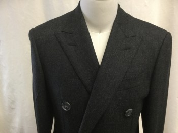 Mens, Coat, Overcoat, N/L, Charcoal Gray, Gray, Wool, Heathered, XS, 36, Notched Lapel, Double-Breasted Closure, 1 Chest Welt Pocket, 3 Flap Besom Pockets, Back Vent, Knee Length