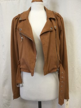Womens, Leather Jacket, ASHLEY OUTERWEAR, Camel Brown, Polyester, Spandex, Solid, M, Faux Suede, Zip Front, Collar Attached, Epaulets, 3 Zip Pockets, Zip Arm Detail, Belt