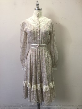 GUNNE SAX, Off White, Mauve Pink, Blue, Green, Nylon, Polyester, Floral, Button Front, Sheer Top, Lace V Shaped Inserts at Neck, High Collar with Ruffle, Vertical Pintuck Pleats Front with Lace Trim, Long Sleeves Gathered, Cuffs with Lace and Ribbon Trim, Ribbon Waist Detail, Self Belt Attached at Side Waist for Back Tie, Gathered Peplum with Lace and Ribbon Detail