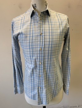 Mens, Casual Shirt, SAKS FIFTH AVE, Lt Blue, White, Gray, Cotton, Plaid, M, Soft Brushed Cotton, Long Sleeves, Button Front, Collar Attached