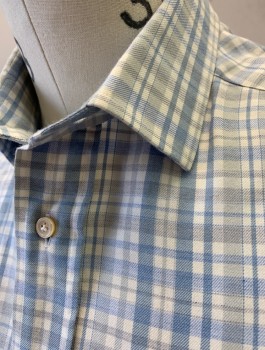 SAKS FIFTH AVE, Lt Blue, White, Gray, Cotton, Plaid, Soft Brushed Cotton, Long Sleeves, Button Front, Collar Attached