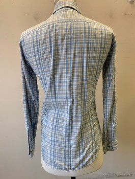 Mens, Casual Shirt, SAKS FIFTH AVE, Lt Blue, White, Gray, Cotton, Plaid, M, Soft Brushed Cotton, Long Sleeves, Button Front, Collar Attached