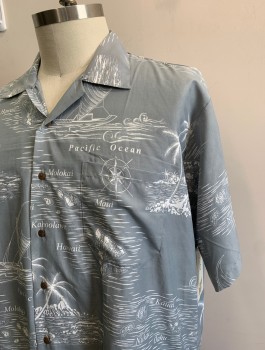 Mens, Hawaiian Shirt, KOKO, Gray, White, Polyester, Hawaiian Print, Text, XL, Tropical Landscape Print with Names of Hawaiian Locations, Short Sleeve Button Front, Collar Attached, 1 Patch Pocket, Stretchy