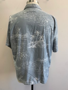 Mens, Hawaiian Shirt, KOKO, Gray, White, Polyester, Hawaiian Print, Text, XL, Tropical Landscape Print with Names of Hawaiian Locations, Short Sleeve Button Front, Collar Attached, 1 Patch Pocket, Stretchy