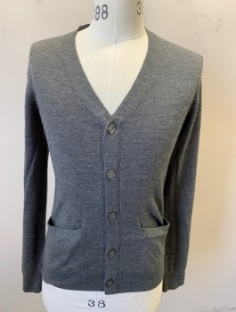 Mens, Cardigan Sweater, CLUB MONACO, Gray, Wool, Solid, XS, Knit, V-neck, 5 Buttons, 2 Welt Pockets