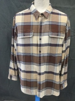 Mens, Casual Shirt, FILSON, Tan Brown, Brown, Navy Blue, Camel Brown, Cotton, Plaid, 3XL, Twill, Button Front, Collar Attached, Long Sleeves, 2 Flap Pockets, Button Cuffs