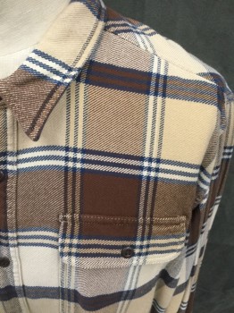 FILSON, Tan Brown, Brown, Navy Blue, Camel Brown, Cotton, Plaid, Twill, Button Front, Collar Attached, Long Sleeves, 2 Flap Pockets, Button Cuffs