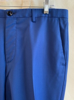 BOSS, Primary Blue, Wool, Solid, Flat Front, 4 Pockets, Zip Fly Button Closure, Belt Loops