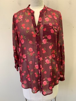 KUT FROM THE KLOTH, Red Burgundy, Pink, Green, Polyester, Floral, Roses Pattern, Crinkled Sheer Chiffon, Long Sleeves, Button Front, Band Collar with V-Neck Opening, 1 Small Welt Pocket, High/Low Hem