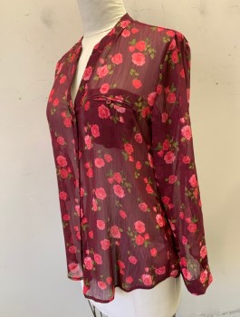 Womens, Blouse, KUT FROM THE KLOTH, Red Burgundy, Pink, Green, Polyester, Floral, XL, Roses Pattern, Crinkled Sheer Chiffon, Long Sleeves, Button Front, Band Collar with V-Neck Opening, 1 Small Welt Pocket, High/Low Hem