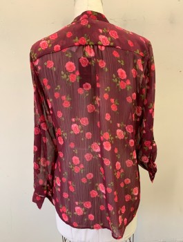 Womens, Blouse, KUT FROM THE KLOTH, Red Burgundy, Pink, Green, Polyester, Floral, XL, Roses Pattern, Crinkled Sheer Chiffon, Long Sleeves, Button Front, Band Collar with V-Neck Opening, 1 Small Welt Pocket, High/Low Hem
