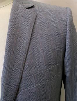 Mens, Suit, 3 Pieces, DKNY, Gray, Red, Wool, Glen Plaid, 40R, 2 Button, Flap Pockets, Double Vent
