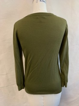 Womens, Pullover, BANANA REPUBLIC, Olive Green, Wool, Solid, M, Crew Neck, Long Sleeves, Rib Knit Collar& Cuffs 