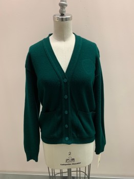 Childrens, Sweater, N/L, Dk Green, Wool, Solid, B36, V-N, Button Front, 2 Pockets, *Missing Patch*