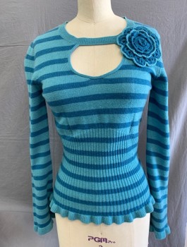 NANETTE LEPORE, Turquoise Blue, Teal Blue, Cashmere, Stripes - Horizontal , Pull On, L/S, Round Neck,  Keyhole CF and Applique Crochet Flower, Ruffle Cuffs and Hem