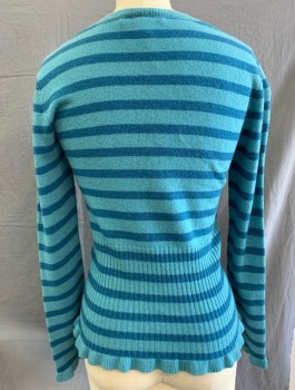NANETTE LEPORE, Turquoise Blue, Teal Blue, Cashmere, Stripes - Horizontal , Pull On, L/S, Round Neck,  Keyhole CF and Applique Crochet Flower, Ruffle Cuffs and Hem