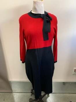 Womens, Dress, Long & 3/4 Sleeve, NINE WEST, Red, Black, Cotton, Acrylic, Color Blocking, B40, L, W34, Round Neck, Black Bow Attached At Neck
