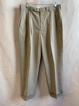 BROOKS BROTHERS, Khaki Brown, Poly/Cotton, Solid, Pleated Front, Cuffed, 4 Pockets, Belt Loops,