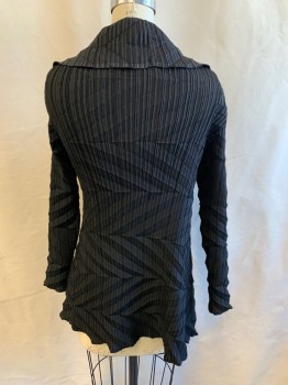 BABATON, Black, Polyester, Sheer, Pleated, Neck Tie Attached, Button Front, Long Sleeves