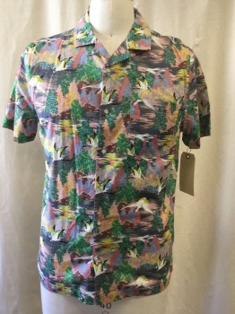 Mens, Casual Shirt, TOPMAN, Blue-Gray, Lt Pink, Yellow, Lt Blue, White, Cotton, Graphic, M, Self Stork And Landscape Print, See Photo Attached, Short Sleeves, Button Front, Collar Attached, Notched Collar, 1 Pocket,