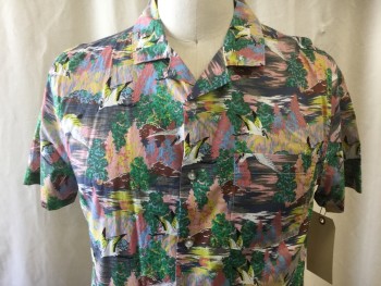 Mens, Casual Shirt, TOPMAN, Blue-Gray, Lt Pink, Yellow, Lt Blue, White, Cotton, Graphic, M, Self Stork And Landscape Print, See Photo Attached, Short Sleeves, Button Front, Collar Attached, Notched Collar, 1 Pocket,