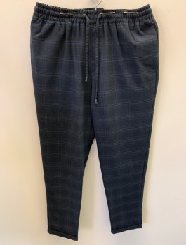 Mens, Casual Pants, ZARA, Navy Blue, Blue, Burnt Umber Brn, Poly/Cotton, Plaid, L28, W32, Elastic Waistband With Drawstring, 4 Pockets, Cuffed, Jogger Style