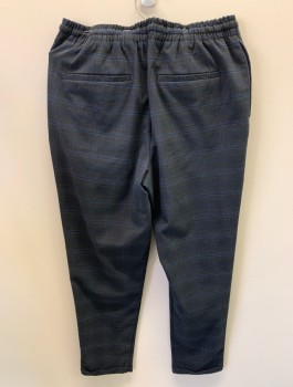 Mens, Casual Pants, ZARA, Navy Blue, Blue, Burnt Umber Brn, Poly/Cotton, Plaid, L28, W32, Elastic Waistband With Drawstring, 4 Pockets, Cuffed, Jogger Style
