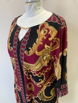 Womens, Dress, Long & 3/4 Sleeve, FOREVER WOMAN, Red Burgundy, Gold, Black, Polyester, Spandex, Novelty Pattern, 2XP, Ornate Gold Leaf, Chains, Swirls Pattern/Print, Stretchy, 3/4 Sleeves, Scoop Neck with Keyhole, Gold Metal Chain Detail, Knee Length Shift Dress