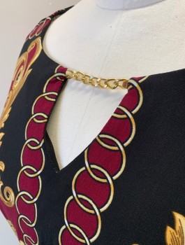 Womens, Dress, Long & 3/4 Sleeve, FOREVER WOMAN, Red Burgundy, Gold, Black, Polyester, Spandex, Novelty Pattern, 2XP, Ornate Gold Leaf, Chains, Swirls Pattern/Print, Stretchy, 3/4 Sleeves, Scoop Neck with Keyhole, Gold Metal Chain Detail, Knee Length Shift Dress