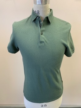 TED BAKER, Olive Green, Cotton, Solid, 3 Buttons, Picque Style Rectangle Texture, Self Stripe On Collar And Sleeves