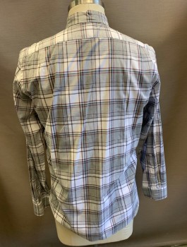 J CREW, Lt Gray, Red Burgundy, White, Black, Cotton, Plaid, Long Sleeves, Button Front, Collar Attached, Button Down Collar, 1 Patch Pocket, Slim Fit