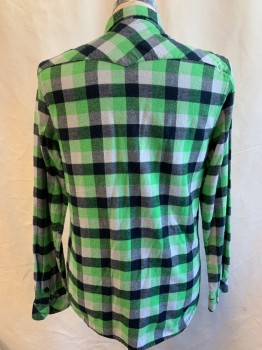 RUSTY, Neon Green, Black, Lt Gray, Cotton, Check , Flannel, Button Front, Button Cuff, 2 Pockets, Collar Attached, Western Back Yoke